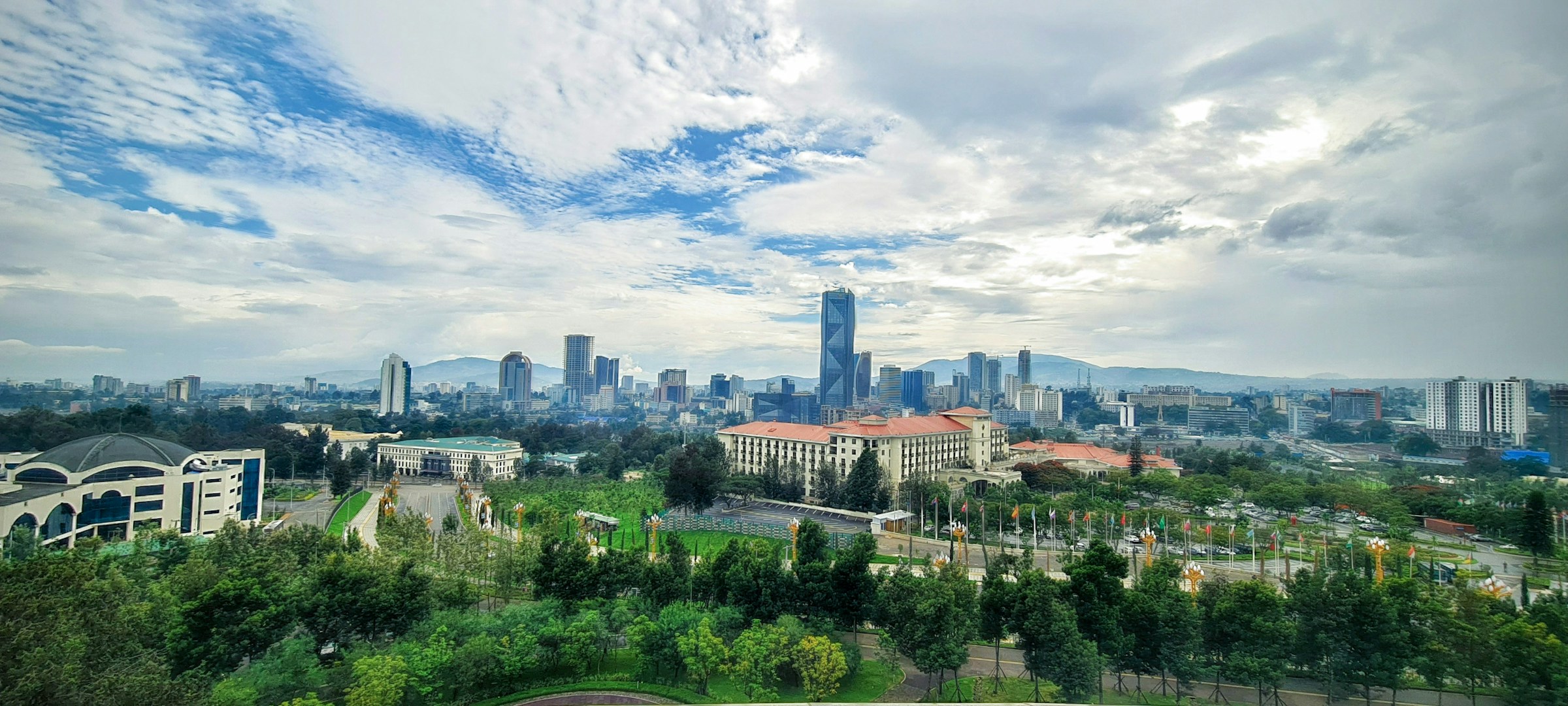 Addis Ababa, Ethiopia, with the city skyline and green highland surroundings